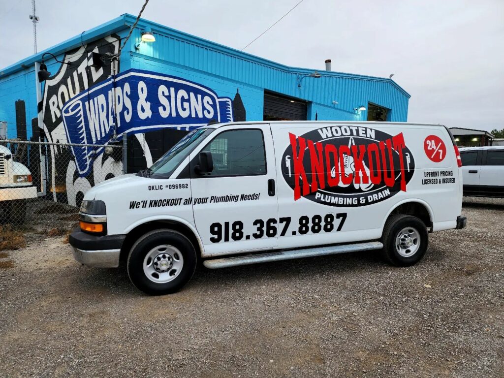 Print and Cut Graphics on a Chevy Express Van for Wooten Knockout Plumbing. Vehicle Work van wrap.