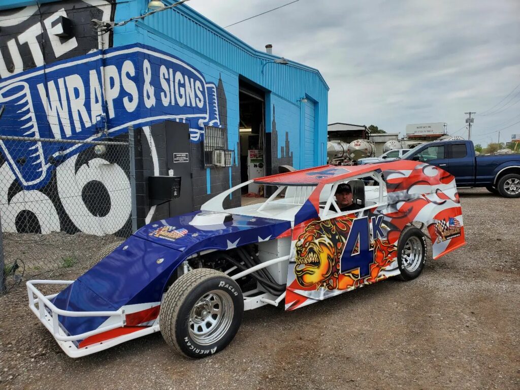 Full wrap on a dirt track modified race car.