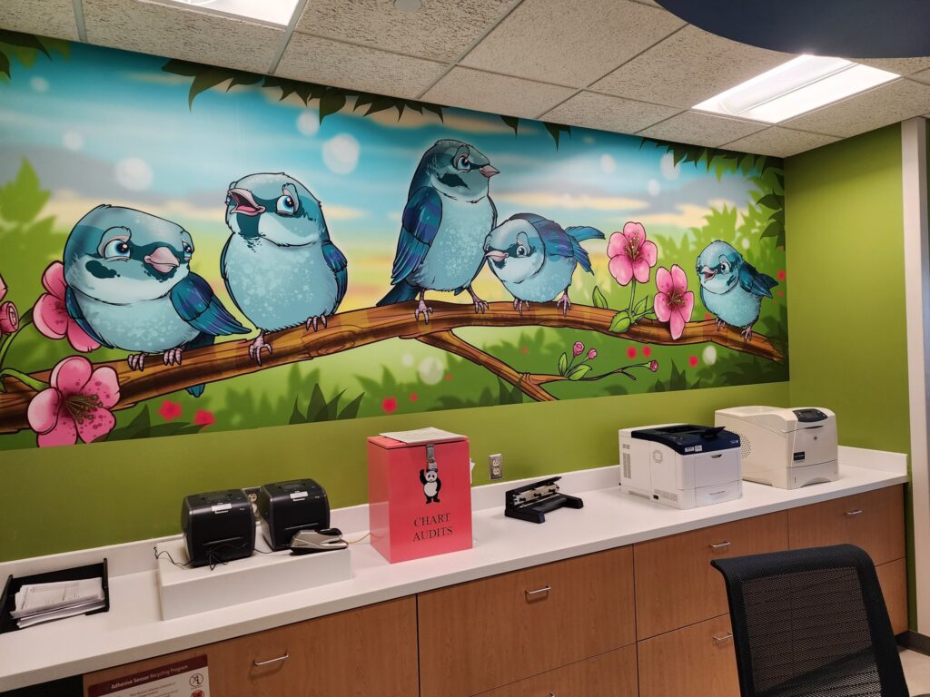 St. Francis NICU Wall Wraps - Bluebirds. Interior Wall Mural with matte laminate for low glare. Graphics by artist Scribe - Children's Hospital