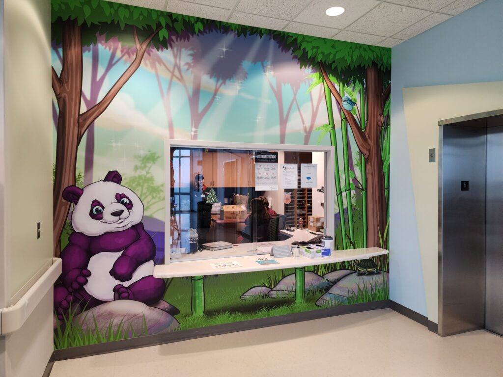 St. Francis NICU Wall Wraps - Check-In Panda. Interior Wall Mural with matte laminate for low glare. Graphics by artist Scribe - Children's Hospital