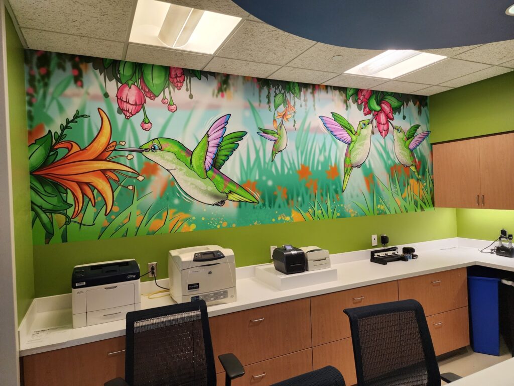 St. Francis Wall Wraps. Hummingbird wall wrap. St. Francis Children's Hospital wall wrap. Interior Wall Mural with matte laminate for low glare. Graphics by Scribe.