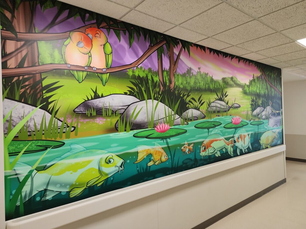St. Francis NICU Wall Wraps - Koi Pond. Interior Wall Mural with matte laminate for low glare. Graphics by artist Scribe - Children's Hospital