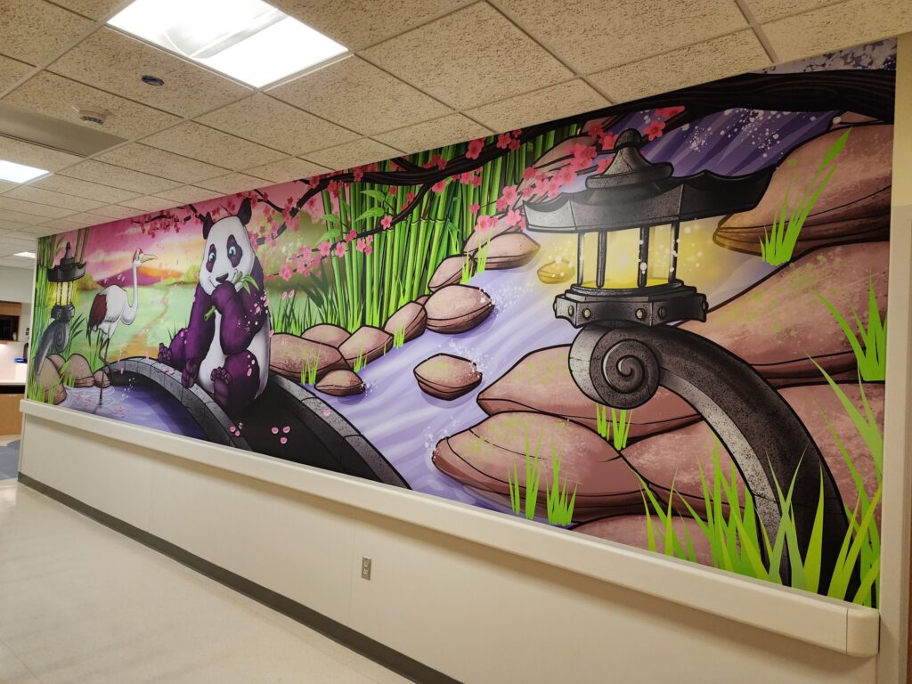 wall wrap. St. Francis NICU Wall Wraps - Panda. Interior Wall Mural with matte laminate for low glare. Graphics by artist Scribe - Children's Hospital