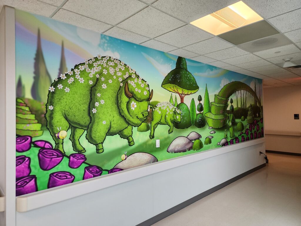 St. Francis NICU Wall Wraps - Topiary Garden. Interior Wall Mural with matte laminate for low glare. Graphics by artist Scribe.